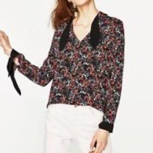 Zara Cottagecore Size Small Red Micro Floral High Bow Neck Long Sleeve Crop Top